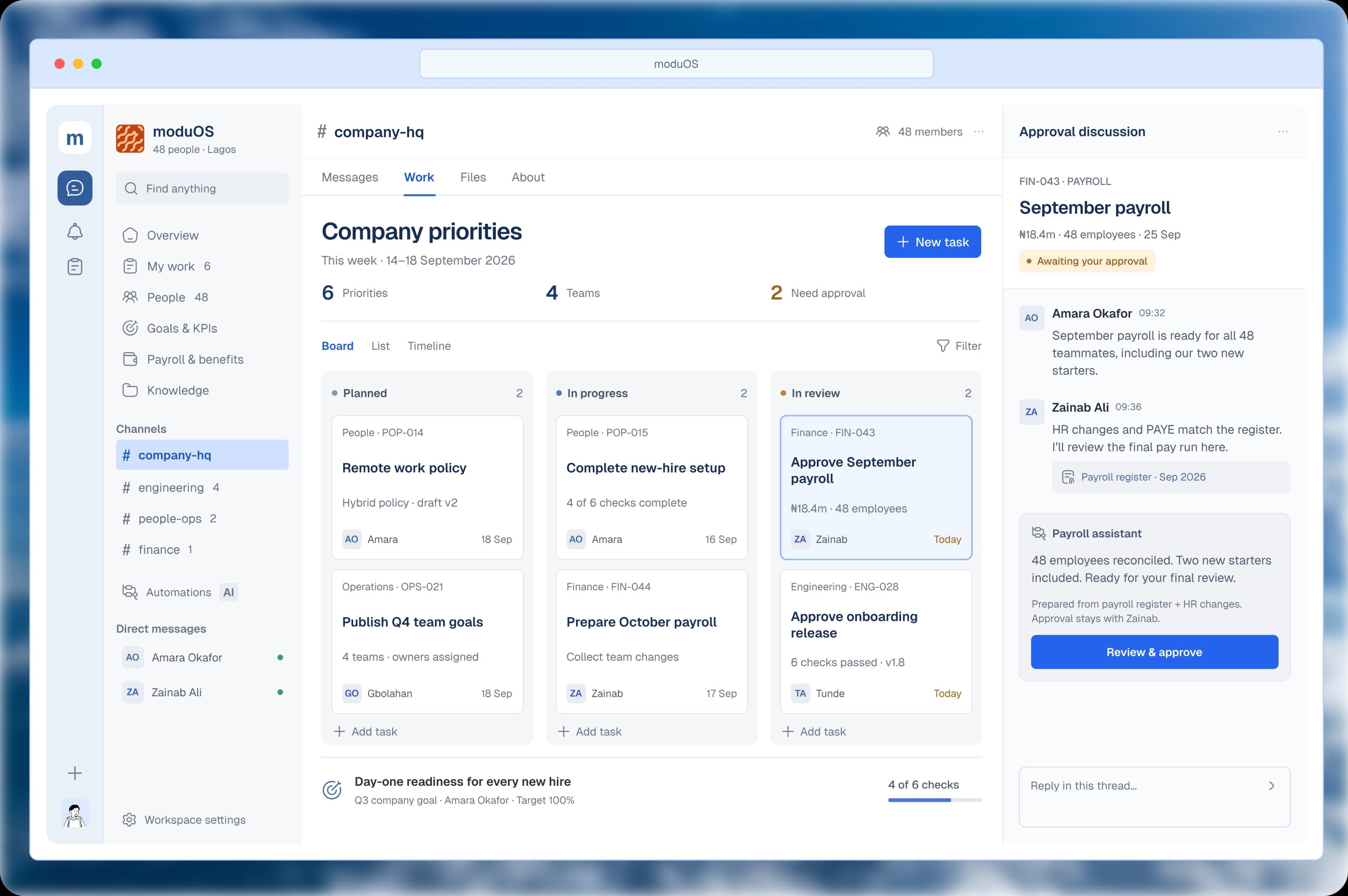moduOS workspace preview showing tasks, approvals, and team collaboration