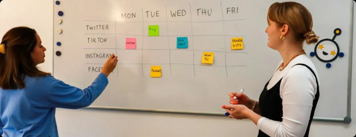 Team standing around a wall of sticky notes and workshop ideas