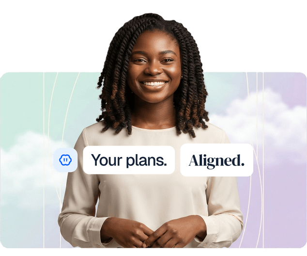 Team card showing a woman and the caption Your plans. Aligned.