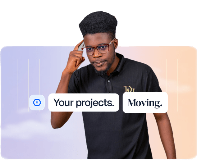 Team card showing a man and the caption Your projects. Moving.