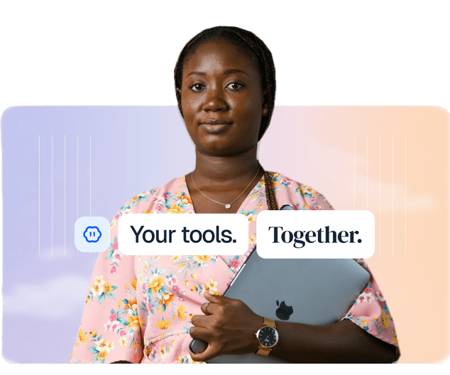 Team card showing a woman holding a tablet and the caption Your tools. Together.