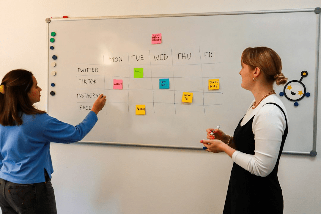 Team standing around a wall of sticky notes and workshop ideas