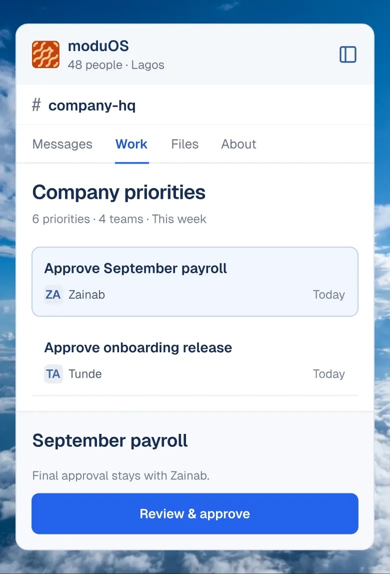 moduOS mobile workspace showing company priorities and a payroll approval